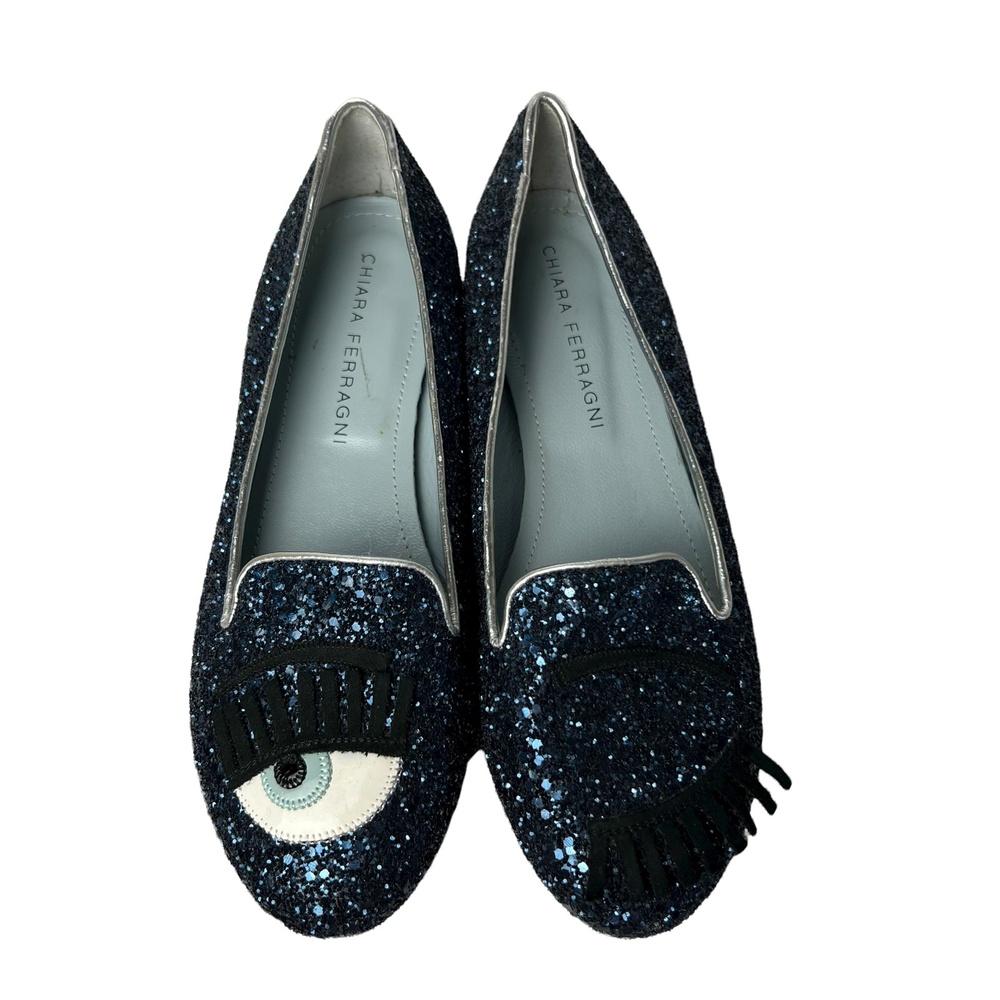 Chiara Ferragni Blue Silver Glitter Flirting Eye Winking Eye Slip-On Flats